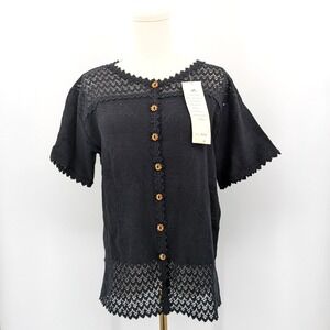 Cotton Salsa Black Crochet Lace Button‎ Blouse Handmade sz XL Boho Chic Artisan